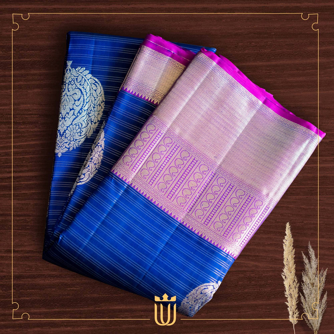 Blue saree with magenta border