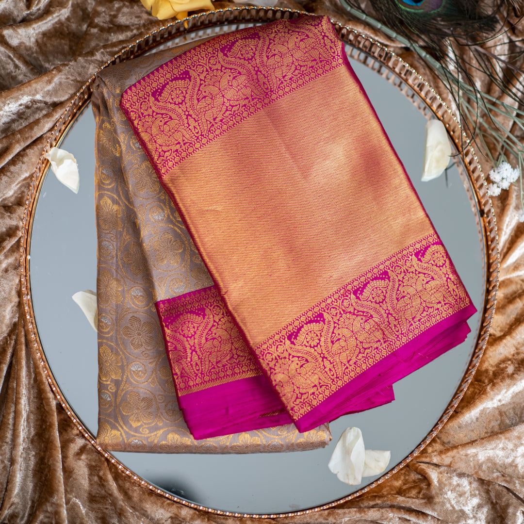 Almond Brown Kanchipuram Saree with Pink Border