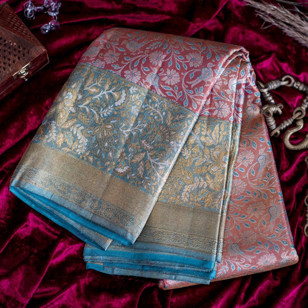 pink saree with blue floral border