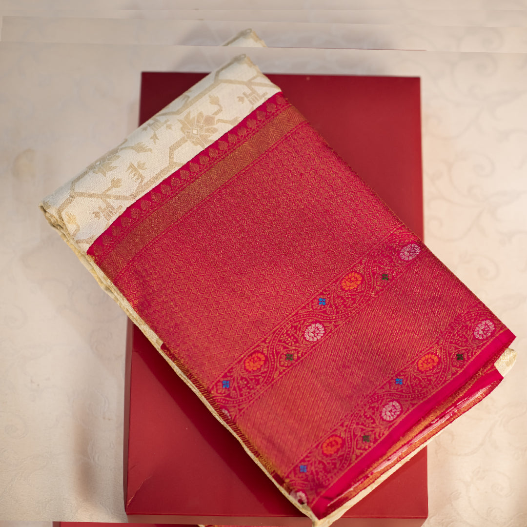 Off-White Kanchipuram Saree with Ruby Zari Works