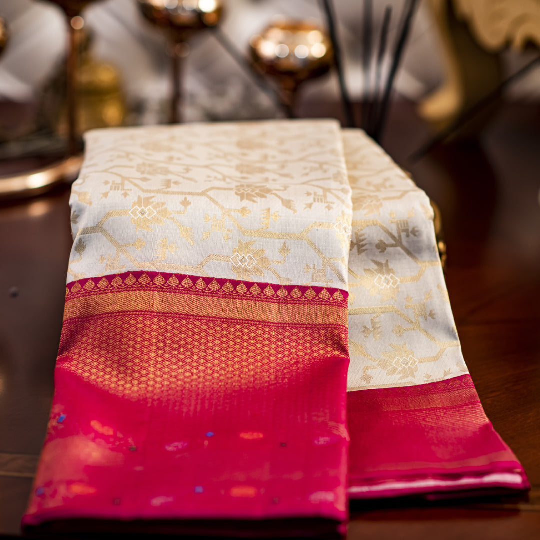 Off-White Kanchipuram Saree with Ruby Zari Works