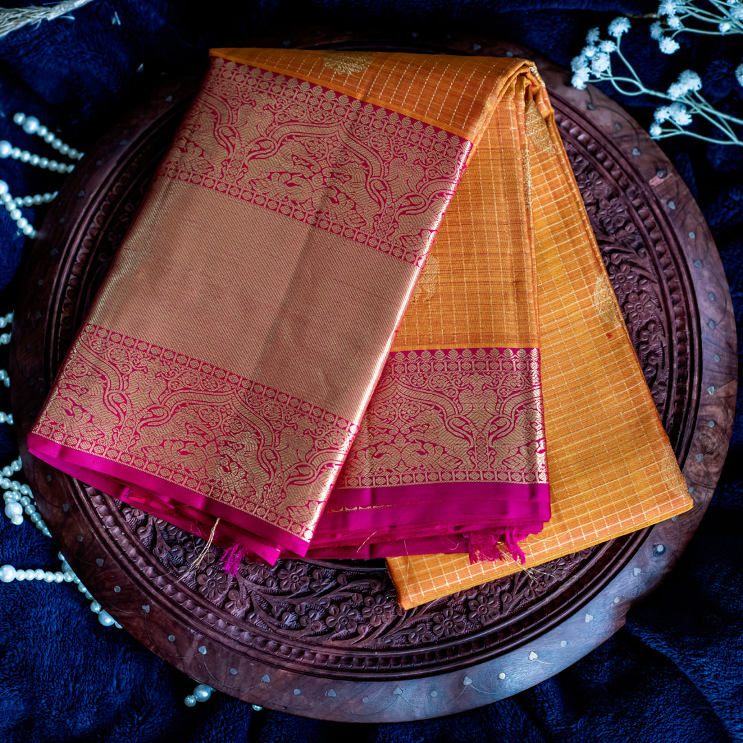 Golden Yellow Kanchipuram Saree With Magenta Borders
