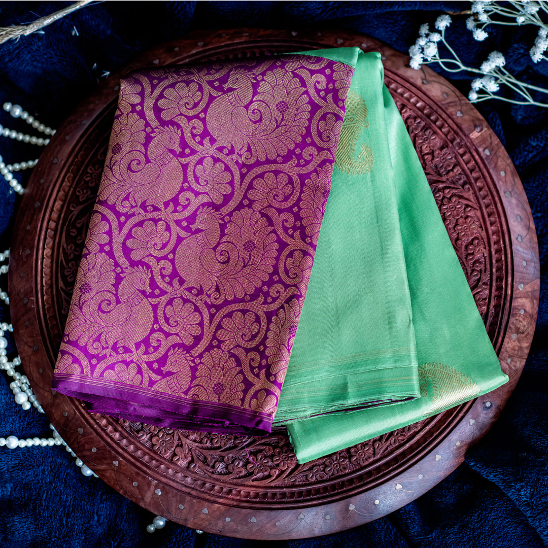 Seafoam Green Kanchipuram Sarees With Purple Border