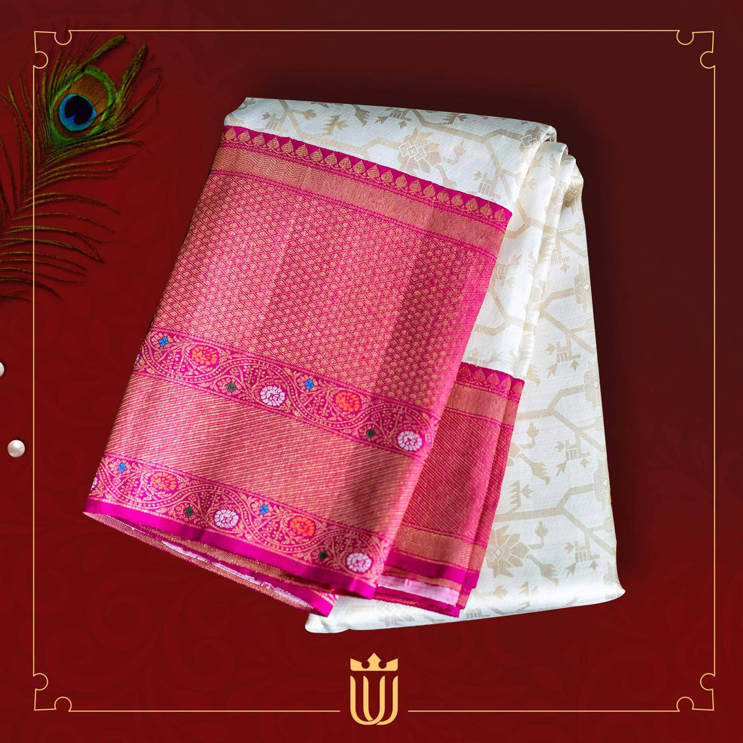 white saree with pink border