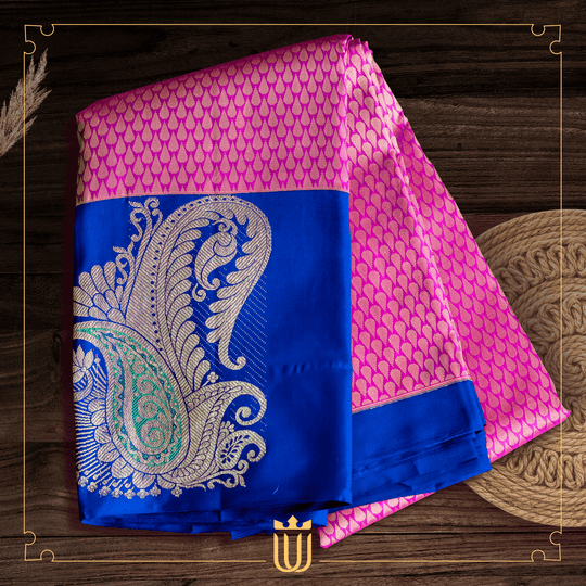pink saree with royal blue border
