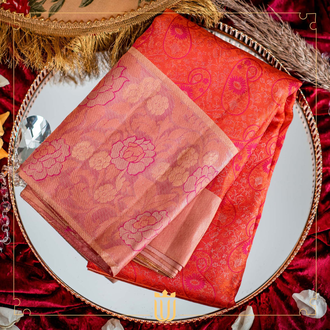Kanchi Pattu Sarees - Orange #kanchipuram #silk #saree in pink border from  manufacturer at kanjivaram silks. we make wedding sarees in your design and  colour at 24000 rupees. 🛒 Buy now: https://kanjivaramsilks.com/kanchipuram- silk-sarees ...