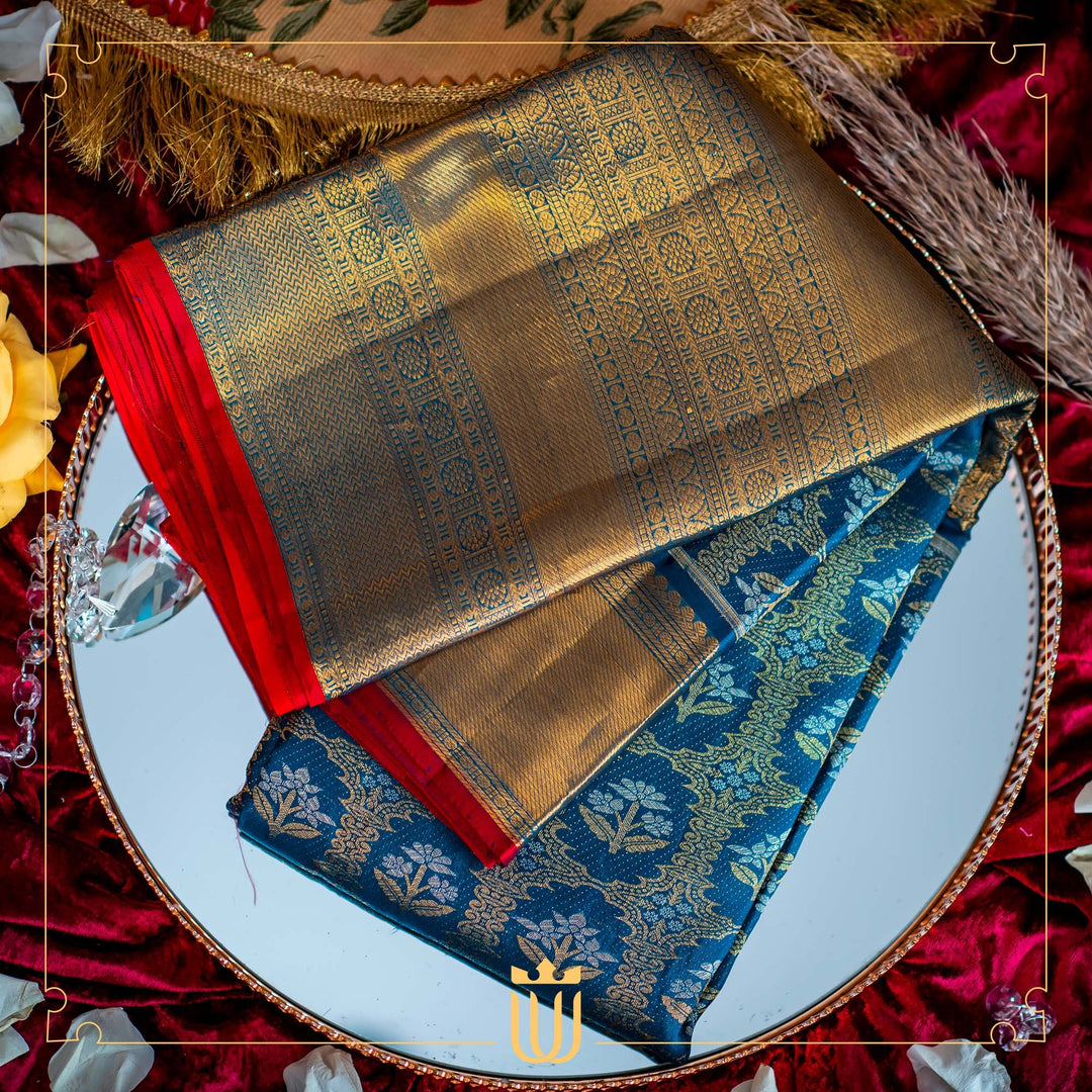 Yale Blue Kanchipuram Silk Saree with Golden Zari Border