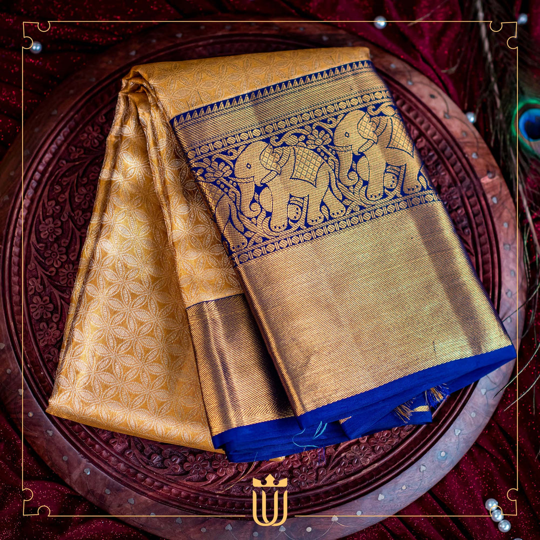 Golden Kanchipuram Silk Saree with Traditional Motifs