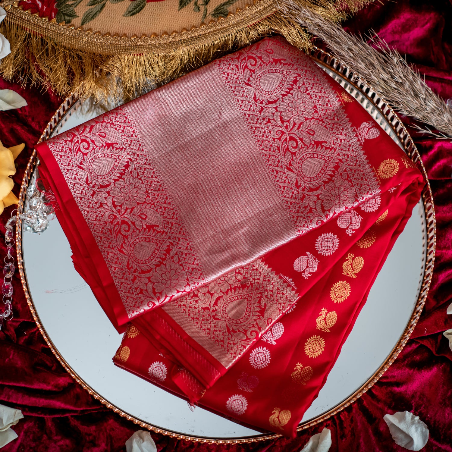 red saree with silver Zari