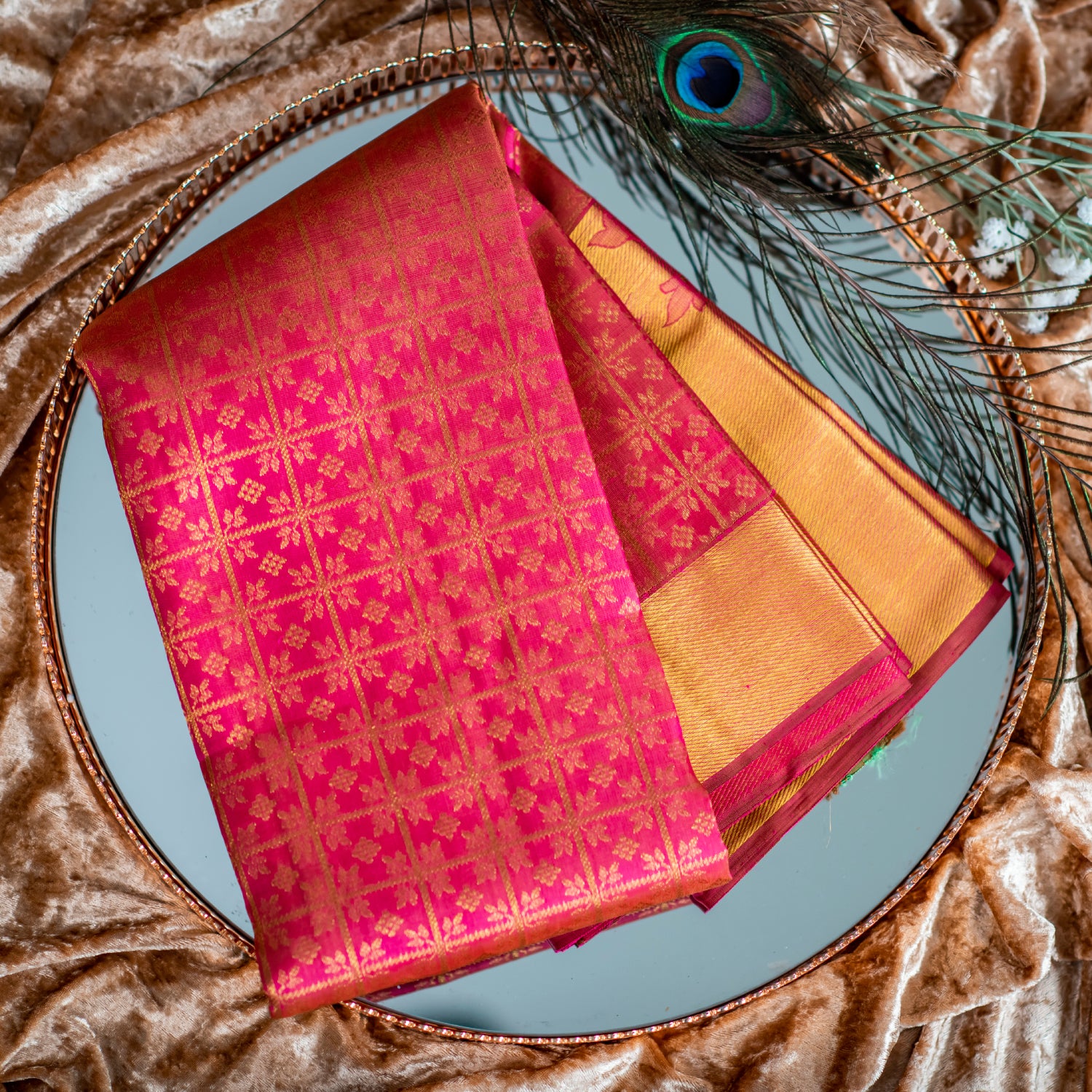 pink saree with golden border