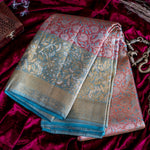 pink saree with  blue floral border