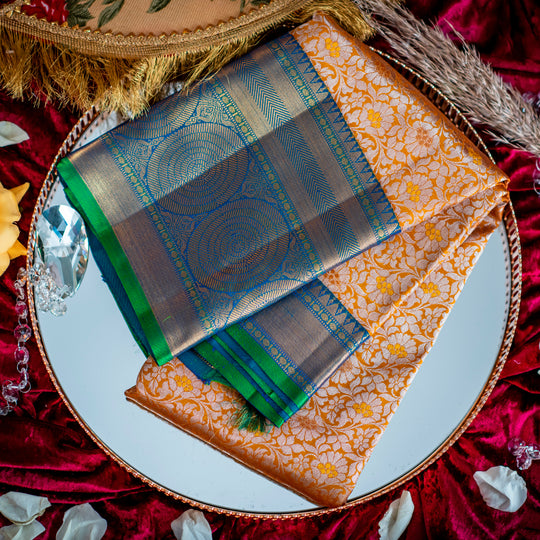 yellow saree with golden floral design