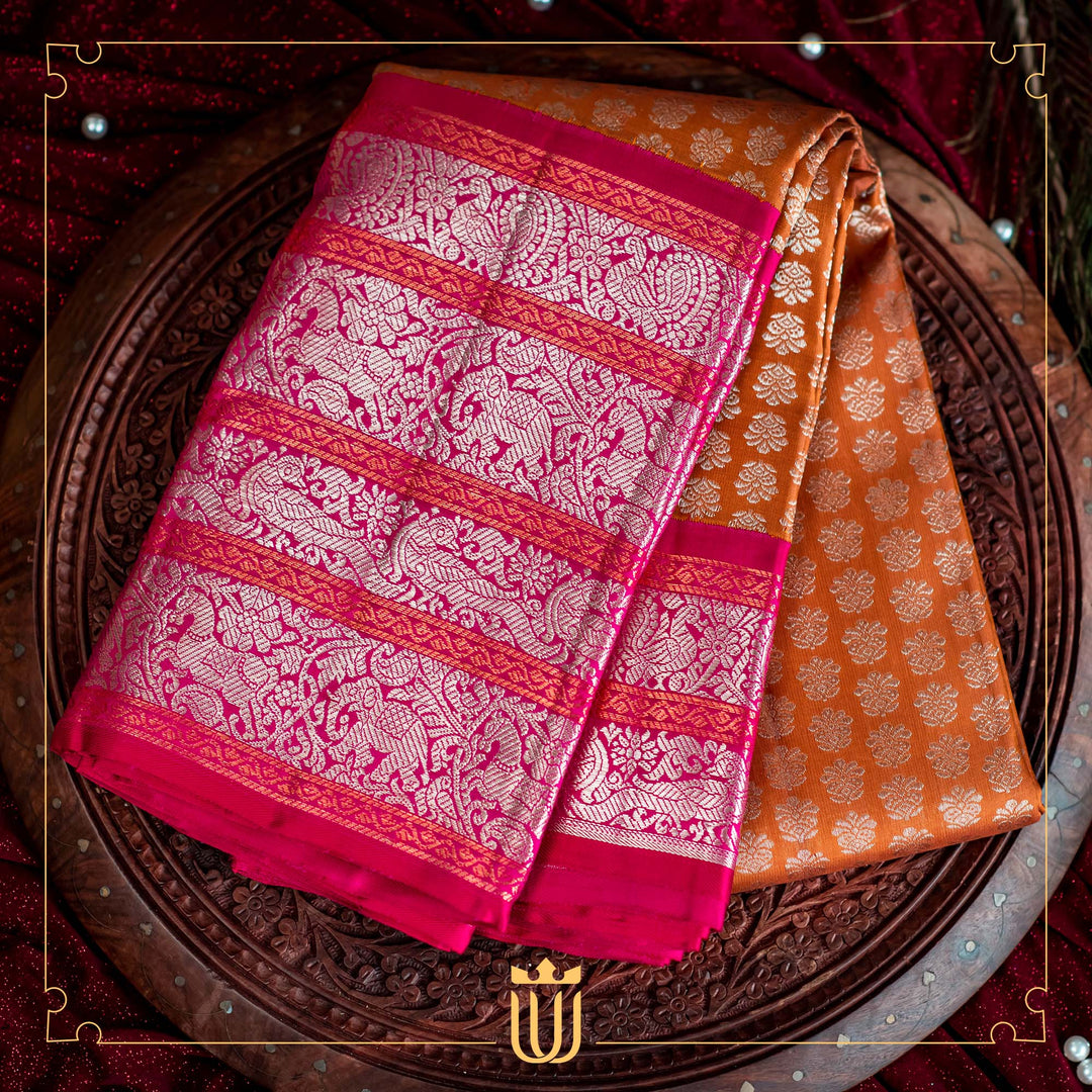 Drape yourself in the audacity of the exclusive KANCHIPURAM SILK SAREE.  This Special masterpiece had been weaving for the attraction to draw the  eyes of every one around to you.